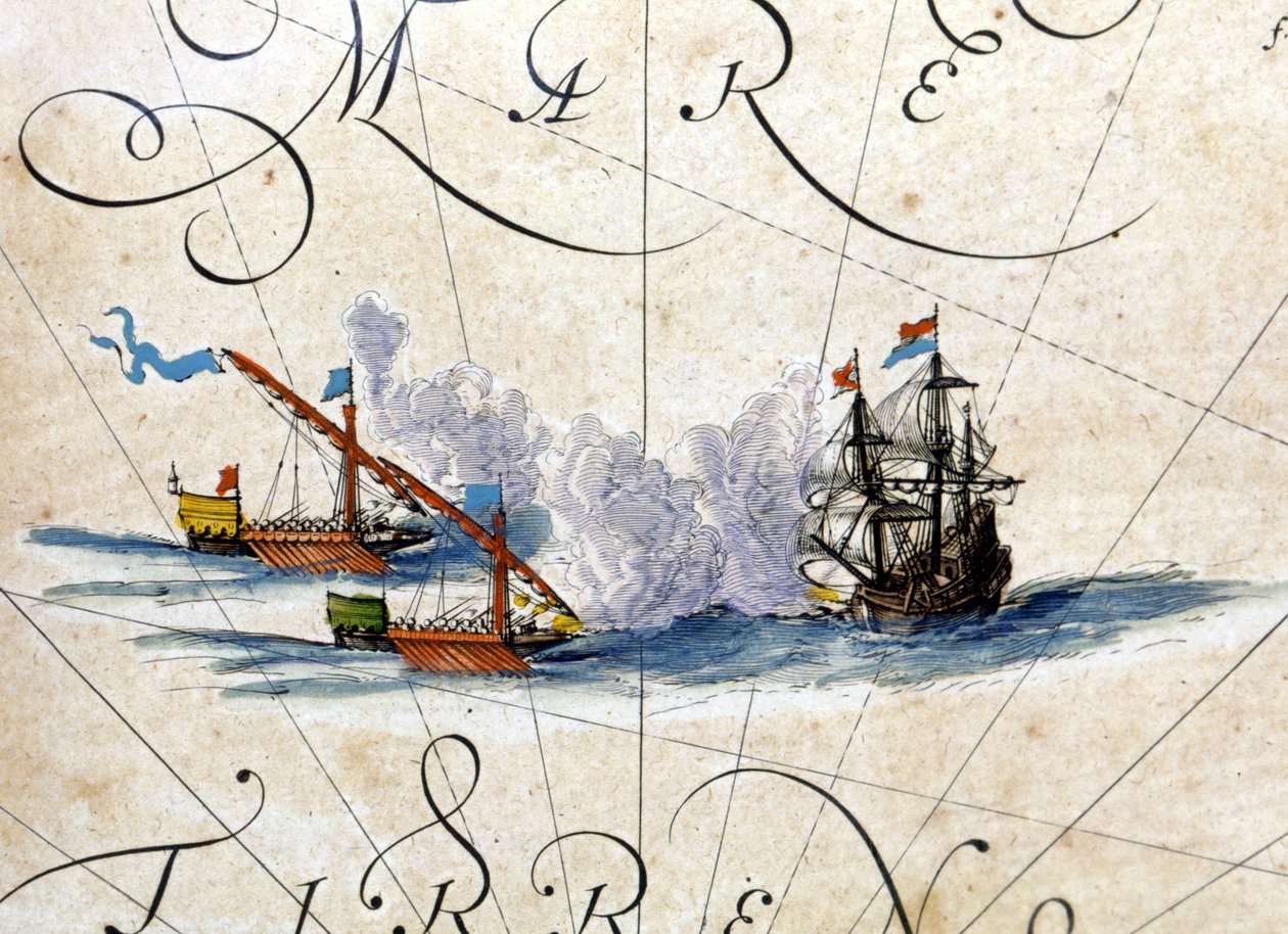 Bitwa między dwiema galerami i karawaną. Atlas autorstwa Willema Janszoon Blaeu (1571 - 1638) autorstwa Willem Blaeu