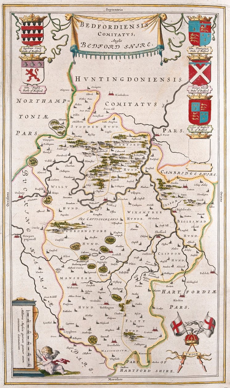 Hrabstwo Bedford, w "Theatrum Orbis Terrarum, sive Atlas Novus" Willema Blaeu, Amsterdam autorstwa Willem Blaeu