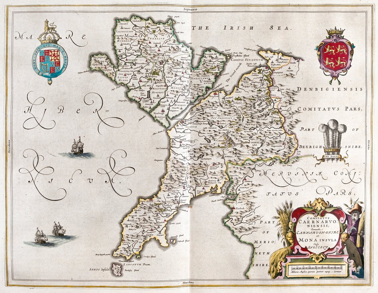 Carnarvonshire i Anglesey, w "Theatrum Orbis Terrarum, sive Atlas Novus" Willema Blaeu, Amsterdam autorstwa Willem Blaeu