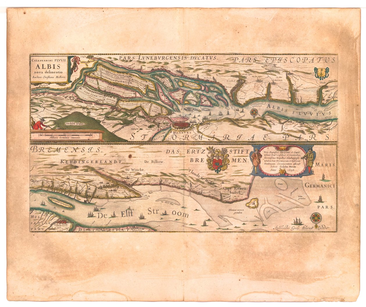 Celeberrimi Fluvii Albis nova delineatio (Słynna rzeka Łaba na nowo wytyczona). autorstwa Willem Blaeu