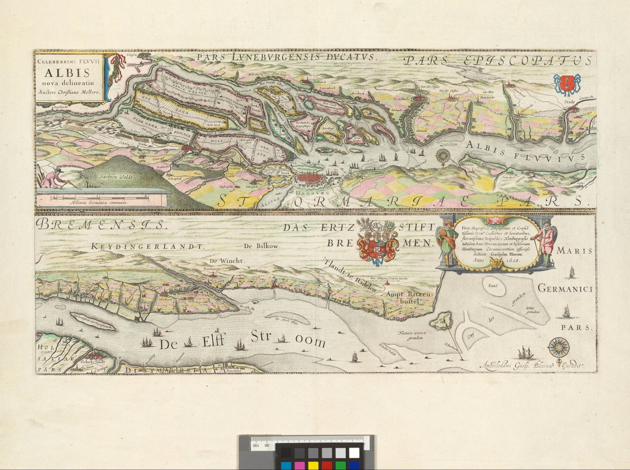 Celeberrimi Flvvii Albis nova delineatio : Viris Magnificis Amplißimis et Consultißimis Domis. Consulibus et Senatoribus, florentissimae Republicae Hamburgensis tabulam, hanc Provinciarum et Insularum Hamburgum Circumiacentium officiose dedicat / Auctore C autorstwa Willem Blaeu