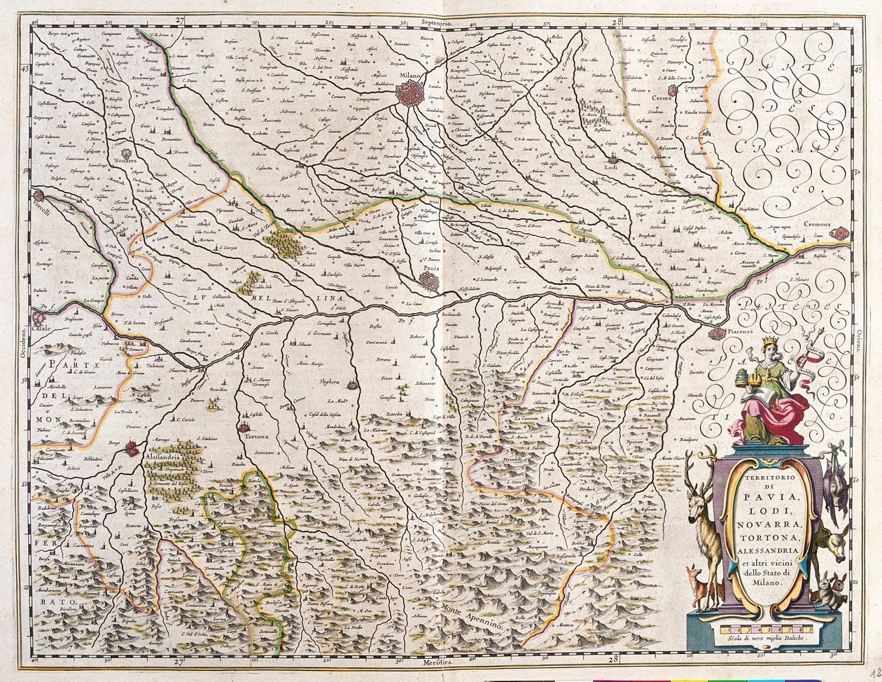 Miasta: Pavia, Lodi, Novara, Tortona, Włochy "Theatrum Orbis Terrarum, sive Atlas Novus" Willem Blaeu, Amsterdam autorstwa Willem Blaeu