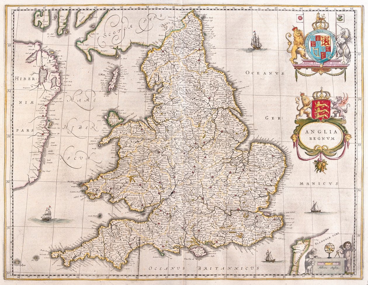 Anglia, w "Theatrum Orbis Terrarum, sive Atlas Novus" Willema Blaeu, Amsterdam autorstwa Willem Blaeu