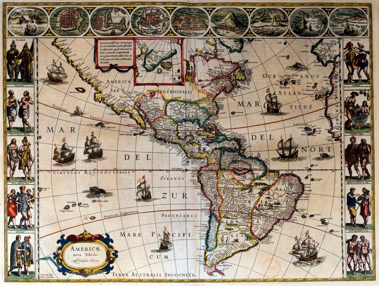 Mapa geograficzna Ameryki. W „”Le theatre du monde ou le nouvel atlas Amsterdam”” wyprodukowanym przez Willema Janszoon Blaeu (1571-1638) autorstwa Willem Blaeu