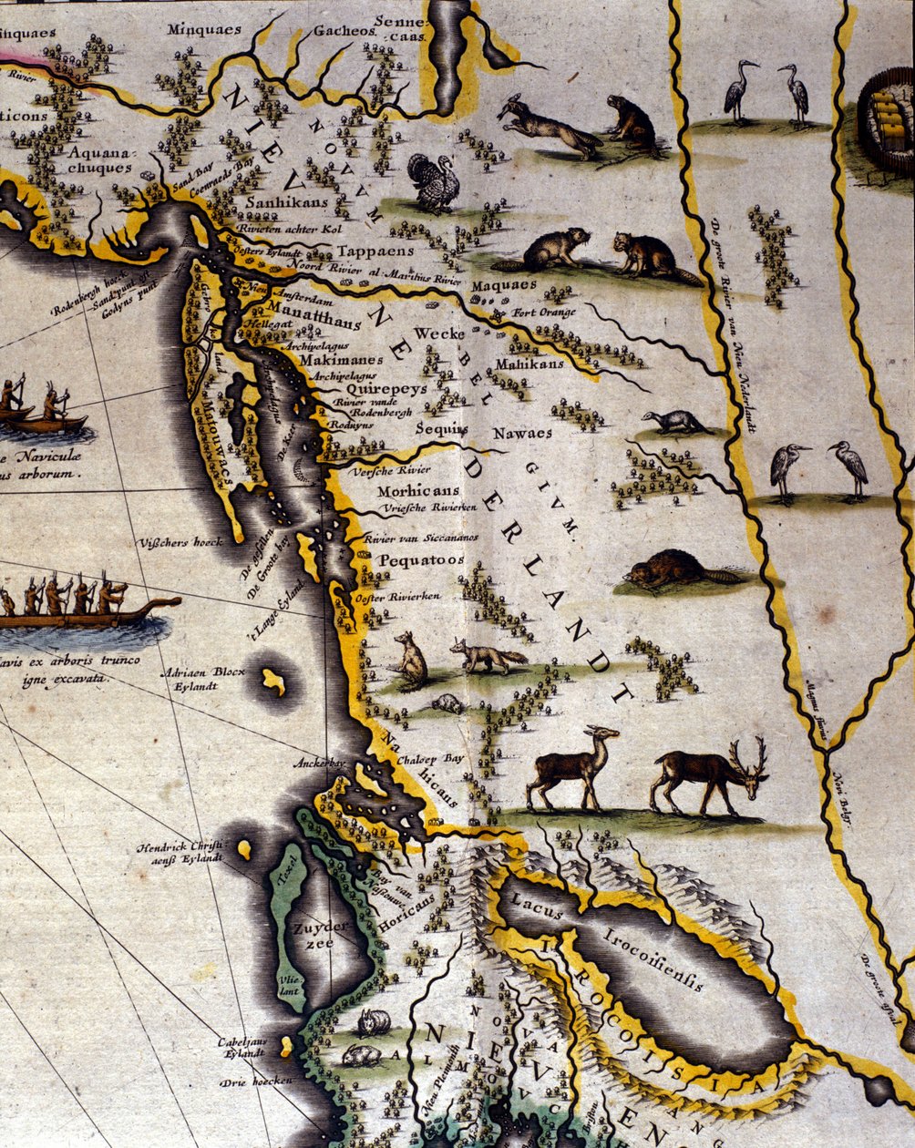 Mapa geograficzna XVII-wiecznego Atlasu Holenderskiego autorstwa Wilhelma Blaeu (1571-1638) przedstawiająca terytoria amerykańskie i kanadyjskie ludy futerkowe. Północ jest poniżej, zgodnie ze średniowiecznym zwyczajem. autorstwa Willem Blaeu