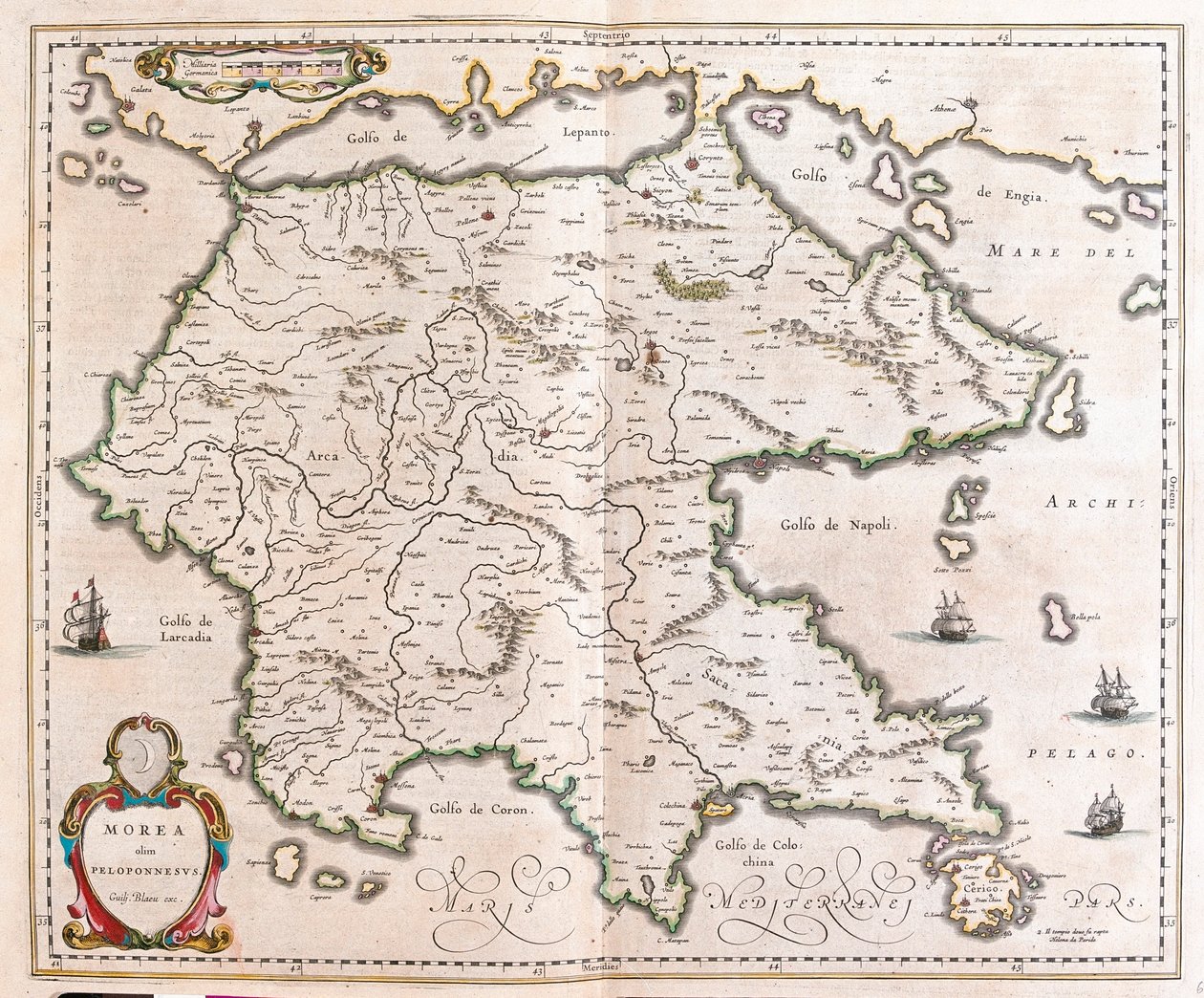 Grecja, Peloponez, w "Theatrum Orbis Terrarum, sive Atlas Novus" Willema Blaeu, Amsterdam autorstwa Willem Blaeu