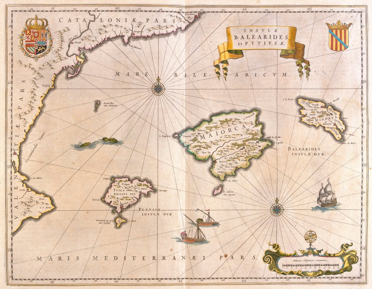 Majorka, Minorka i Ibiza, w tym wybrzeża Katalonii i Walencji, w "Theatrum Orbis Terrarum, sive Atlas Novus" Willema Blaeu, Amsterdam autorstwa Willem Blaeu