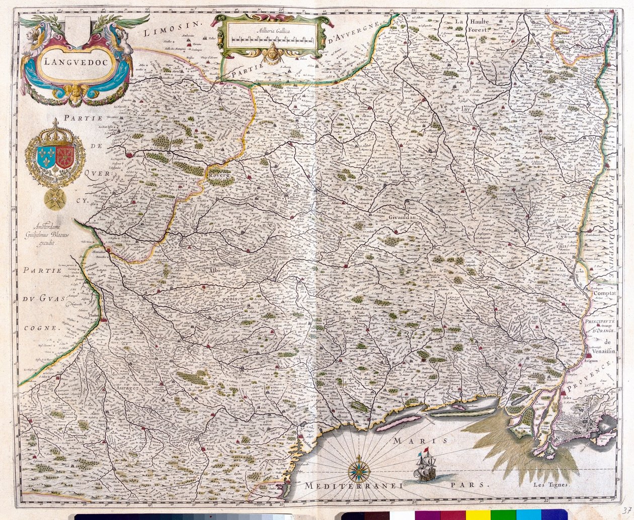 Mapa obejmująca Langwedocję - Roussillon - Montpellier - Tuluzę - Awinion - Arles, w "Theatrum Orbis Terrarum, sive Atlas Novus" Willema Blaeu, Amsterdam. autorstwa Willem Blaeu