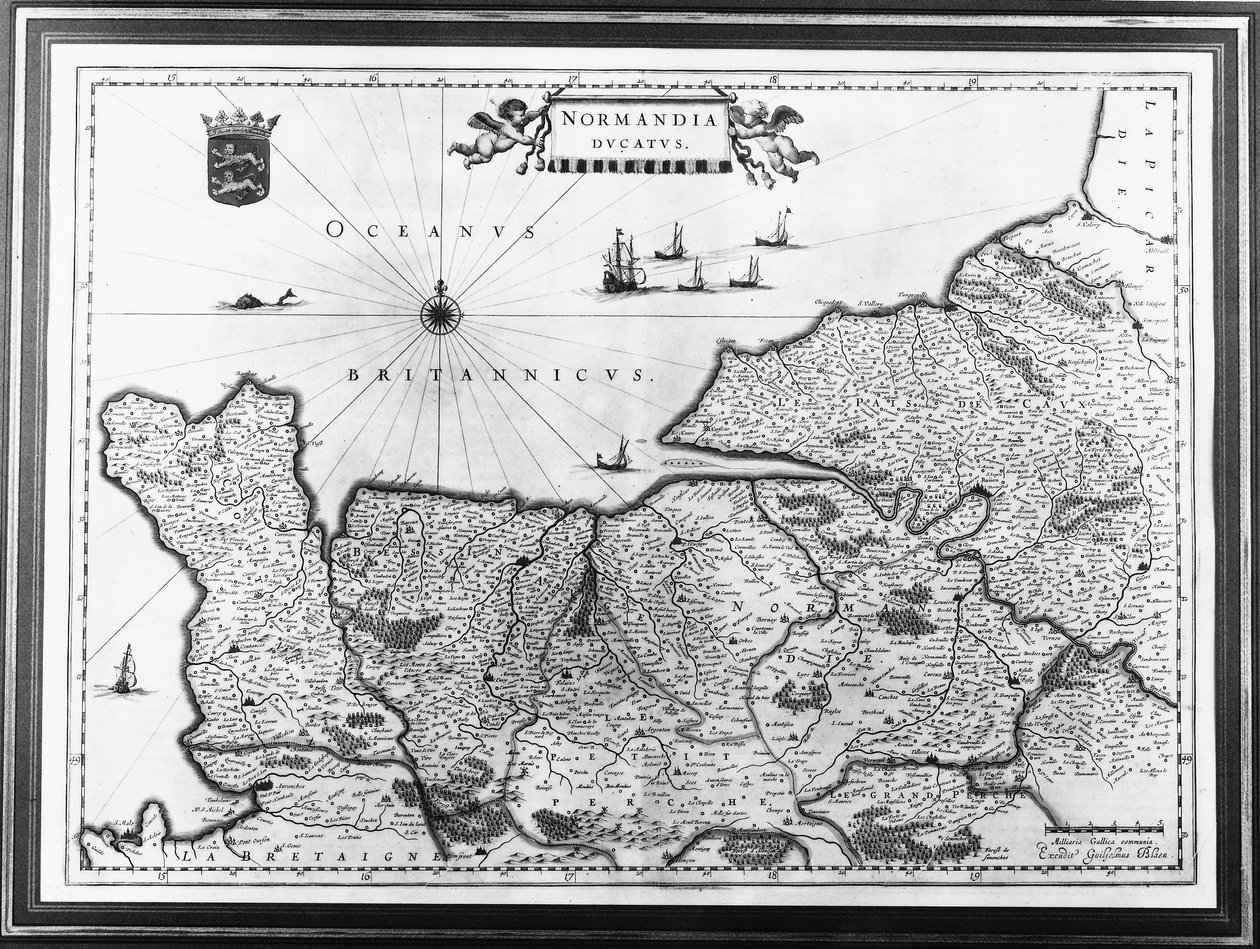 Mapa Normandii według ilustracji z Theatrum Orbis Terrarum lub Atlas Novus autorstwa Willema i Joan Blaeu, tablica przedstawiająca Normandię Ducatus autorstwa Willem Blaeu