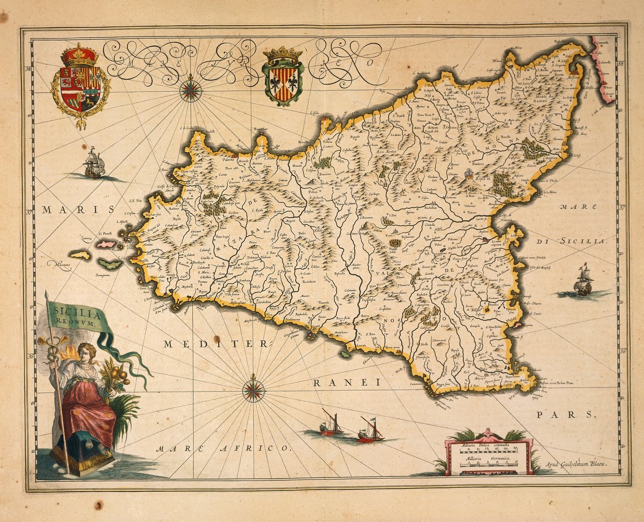 Mapa Sycylii, autorstwa Willema Blaeu, z Regionum Italiae, rycina autorstwa Willem Blaeu