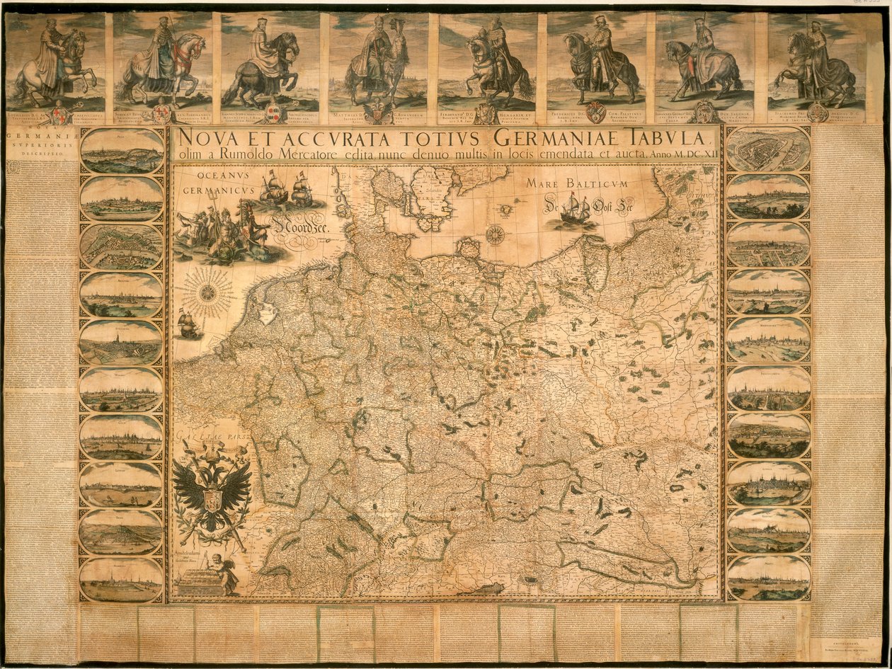 Nowa i dokładna ilustracja Niemiec w całości autorstwa Willema Janszoon Blaeu, miedzioryt, wydrukowany w Amsterdamie autorstwa Willem Blaeu