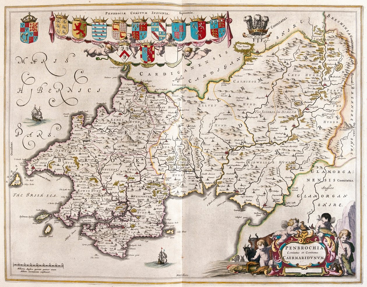 Pembrokrshire i carmarthenshire, w "Theatrum Orbis Terrarum, sive Atlas Novus" Willema Blaeu, Amsterdam autorstwa Willem Blaeu