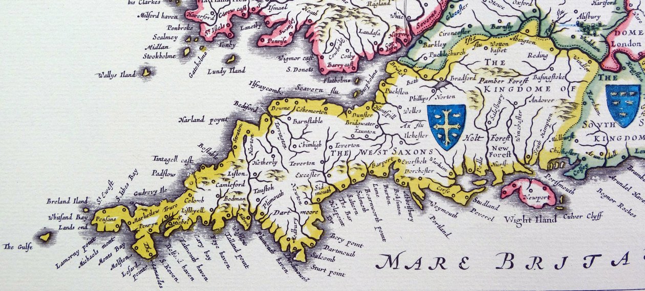 Tarcze Wessex i Sussex z Heptarchii; zbiorcza nazwa stosowana do anglosaskich królestw autorstwa Willem Blaeu