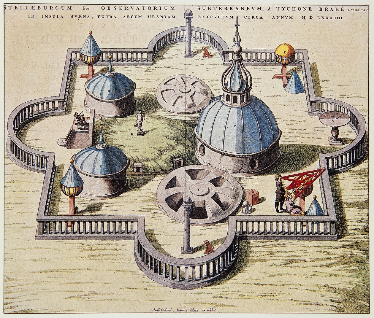 Stelleburgum sive Observatorium Subterraeum, podziemne obserwatorium astronomiczne w Stjerneborgu (zamek gwiezdny), zaprojektowane przez Tycho Brahe (1546-1601) na wyspie Hven w Danii, rys. Willem Blaeu, ok. 1595. autorstwa Willem Blaeu