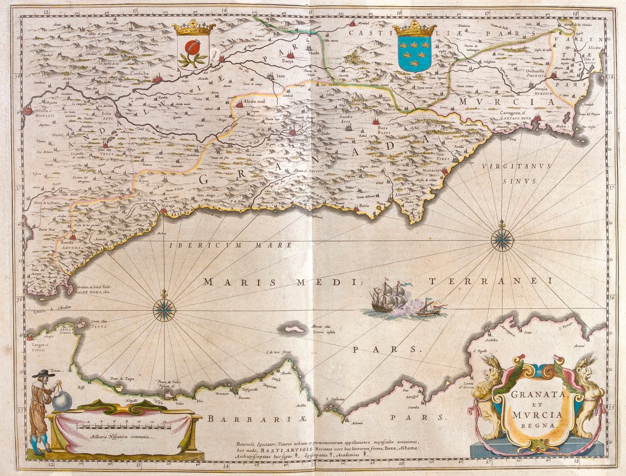 Cieśnina Gibraltarska do Alicante aż po dolinę Guagalquivir i Sewillę oraz wybrzeże Afryki Północnej, w "Theatrum Orbis Terrarum, sive Atlas Novus" Willema Blaeu, Amsterdam autorstwa Willem Blaeu