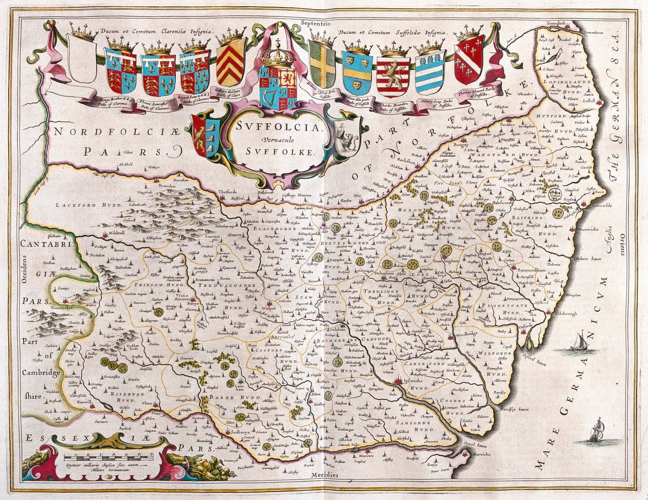 Suffolk, w "Theatrum Orbis Terrarum, sive Atlas Novus" Willema Blaeu, Amsterdam autorstwa Willem Blaeu