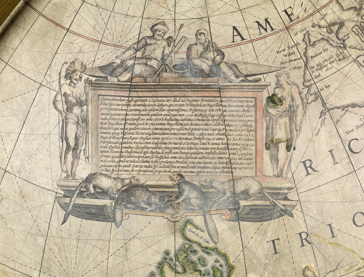 Ziemski globus podłogowy, szczegół kartusza, ok. 1650 r. (papier mache, gips, miedź grawerowana, tusz, lakier, mosiądz, drewno, papier) autorstwa Willem Blaeu