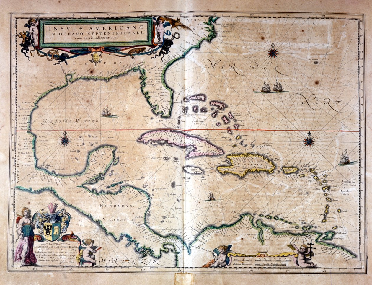Morze Karaibskie: Zatoka Meksykańska i Morze Karaibskie z Atlasu Wilhelma Blaeu autorstwa Willem Blaeu
