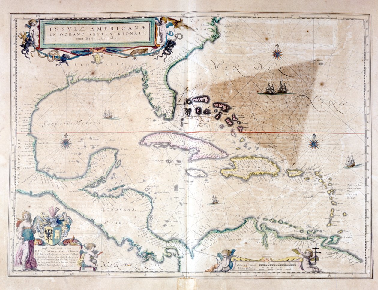 Morze Karaibskie: można zobaczyć trójkąt bermudzki między Archipelagiem Bermudzkim, Miami i Portoryko. Według Atlasu Wilhelma Blaeu autorstwa Willem Blaeu