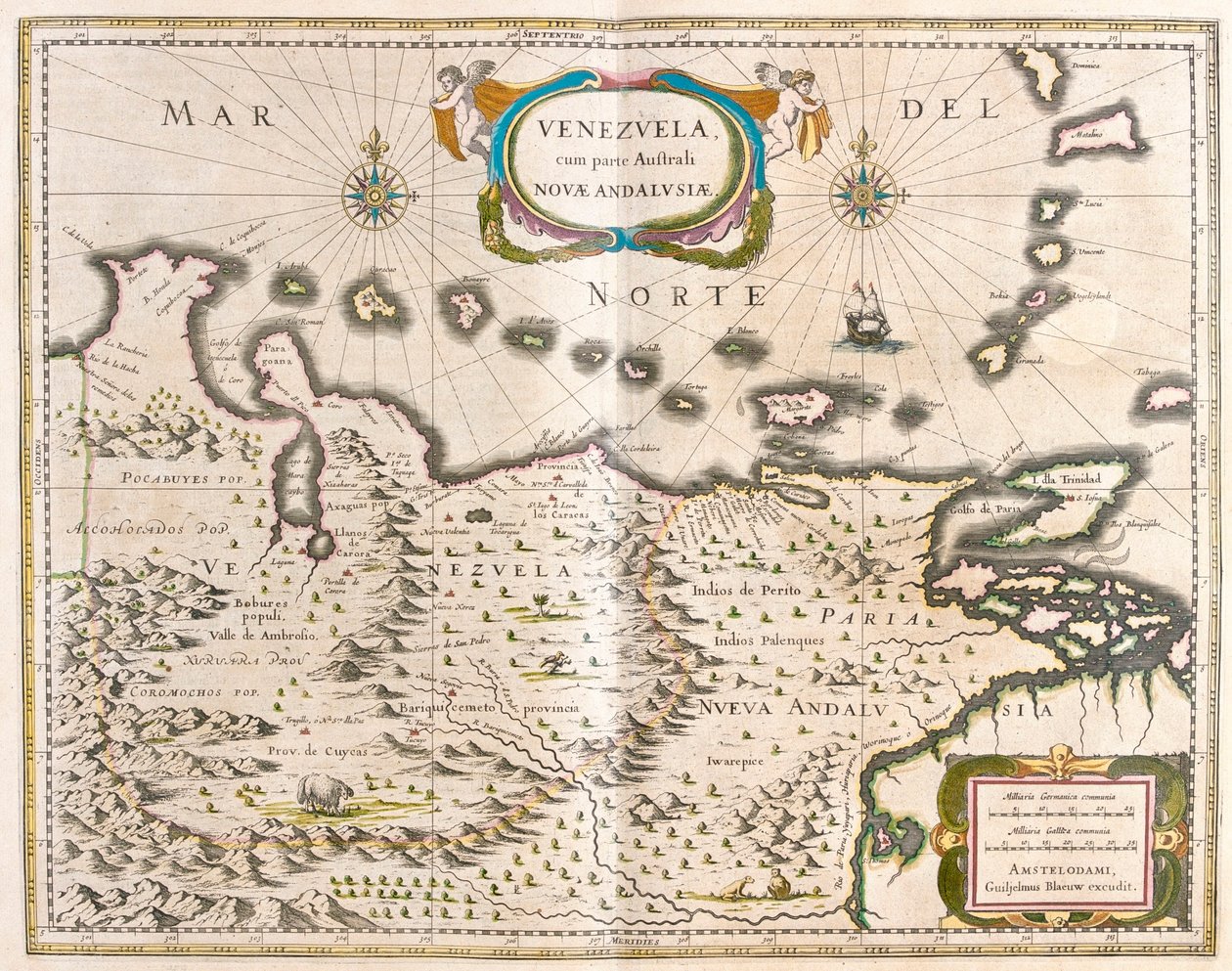 Wenezuela, Trynidad, Tobago, Tortuga, Antyle, Karaiby, w "Theatrum Orbis Terrarum, sive Atlas Novus" Willema Blaeu, Amsterdam autorstwa Willem Blaeu
