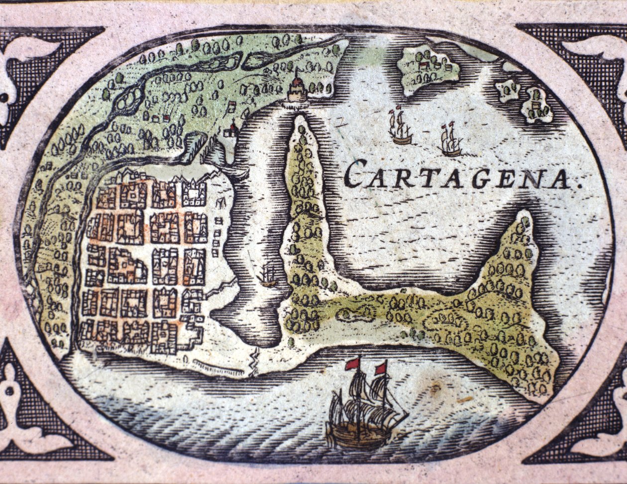 Widok Cartageny w Kolumbii (Ameryka Południowa). Fragment mapy Atlasu „Le Theatre du Monde” Willema Janszoon Blaeu (1571-1638) autorstwa Willem Blaeu