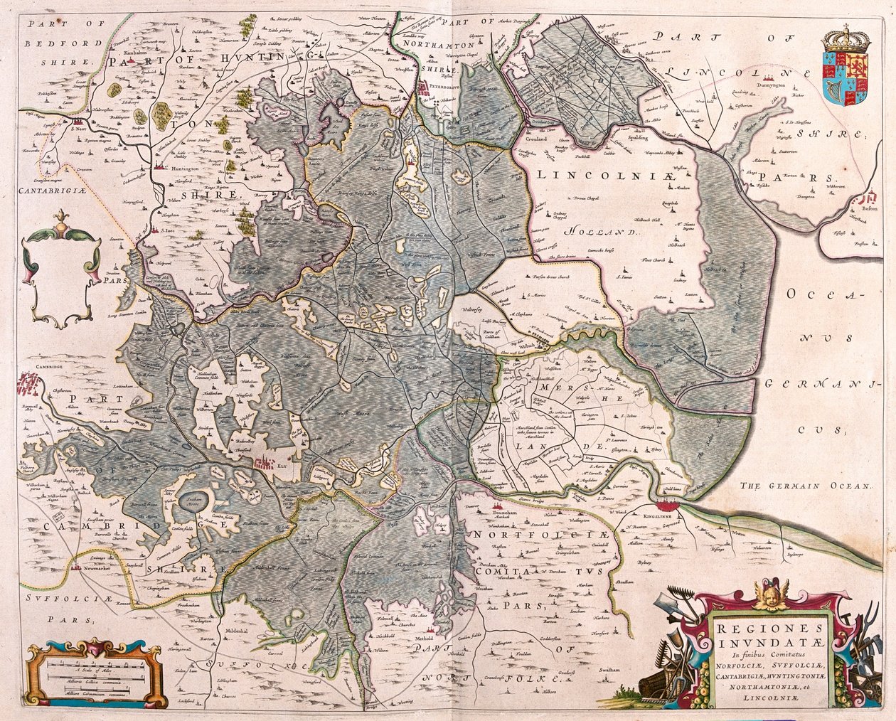 zalane obszary" w Norfolk, Suffolk, Huntington, Northampton, Cambridge i Lincoln, w "Theatrum Orbis Terrarum, sive Atlas Novus" Willema Blaeu, Amsterdam. autorstwa Willem Blaeu