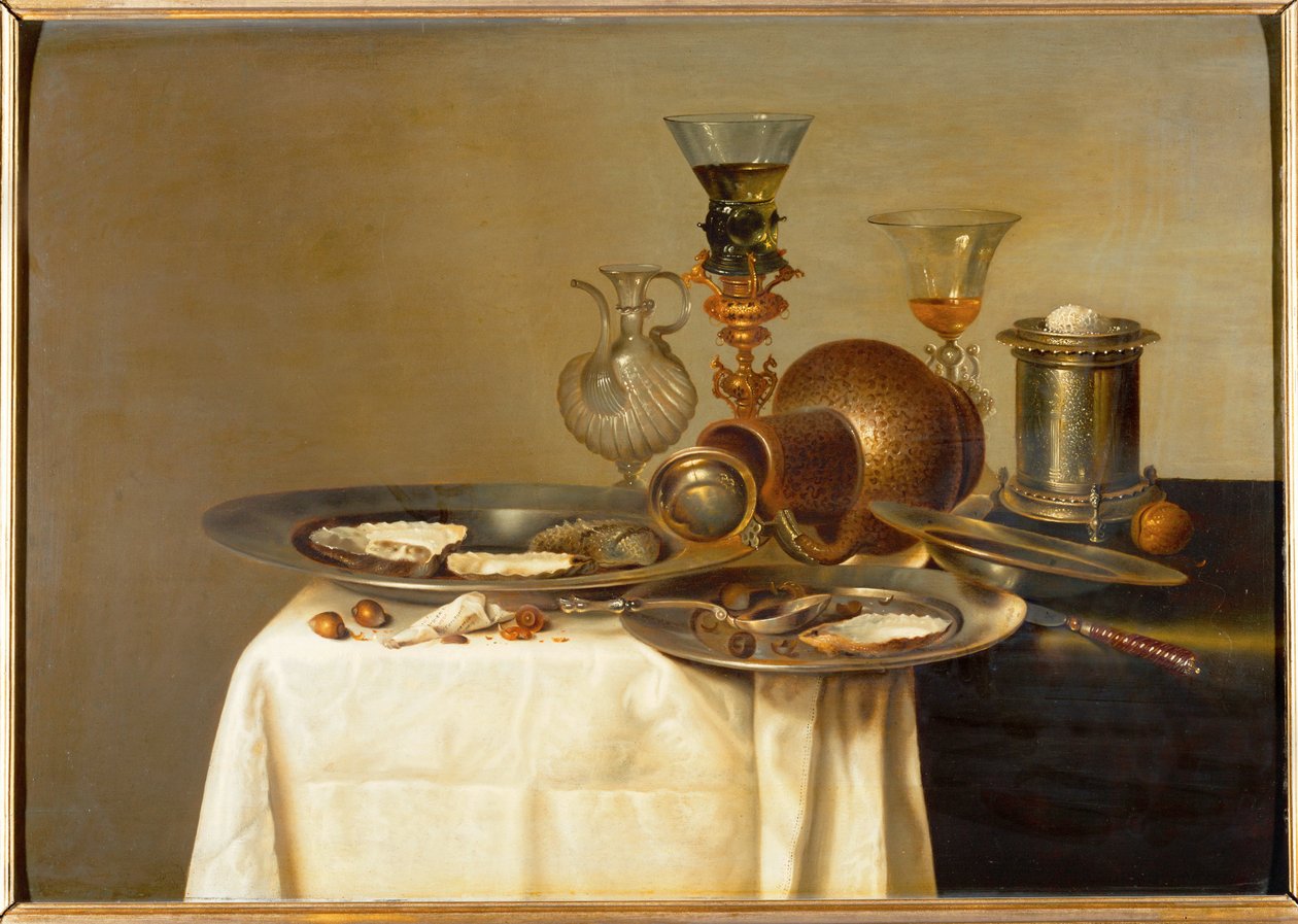 Kielichy i ostrygi (olej na drewnie dębowym) autorstwa Willem Claesz. Heda