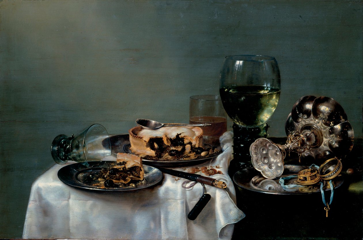 "Martwa natura stołu śniadaniowego z ciastem jeżynowym"" (Stół śniadaniowy z ciastem jeżynowym) Obraz Willem Claesz Heda (1594-1680) 1631 Dim 54x82 cm Olej na płótnie Drezdeńskie Państwowe Zbiory Sztuki Drezno autorstwa Willem Claesz. Heda