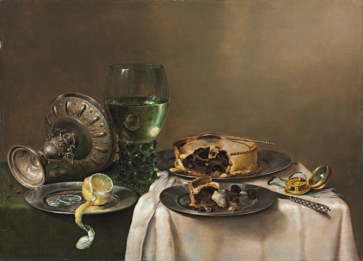 Pronk martwa natura, z roemerem, odwróconą srebrną tazzą, na wpół obraną cytryną na cynowym talerzu, z ciastem, zegarkiem i nożem, 1631 autorstwa Willem Claesz. Heda