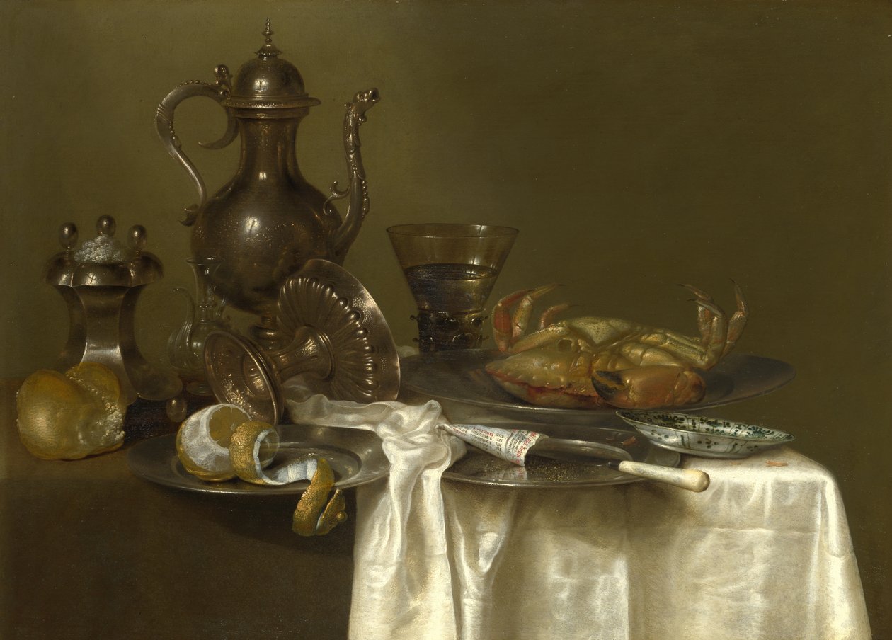 Martwa natura: cyna, srebrne naczynia i krab, ok. 1636 autorstwa Willem Claesz. Heda