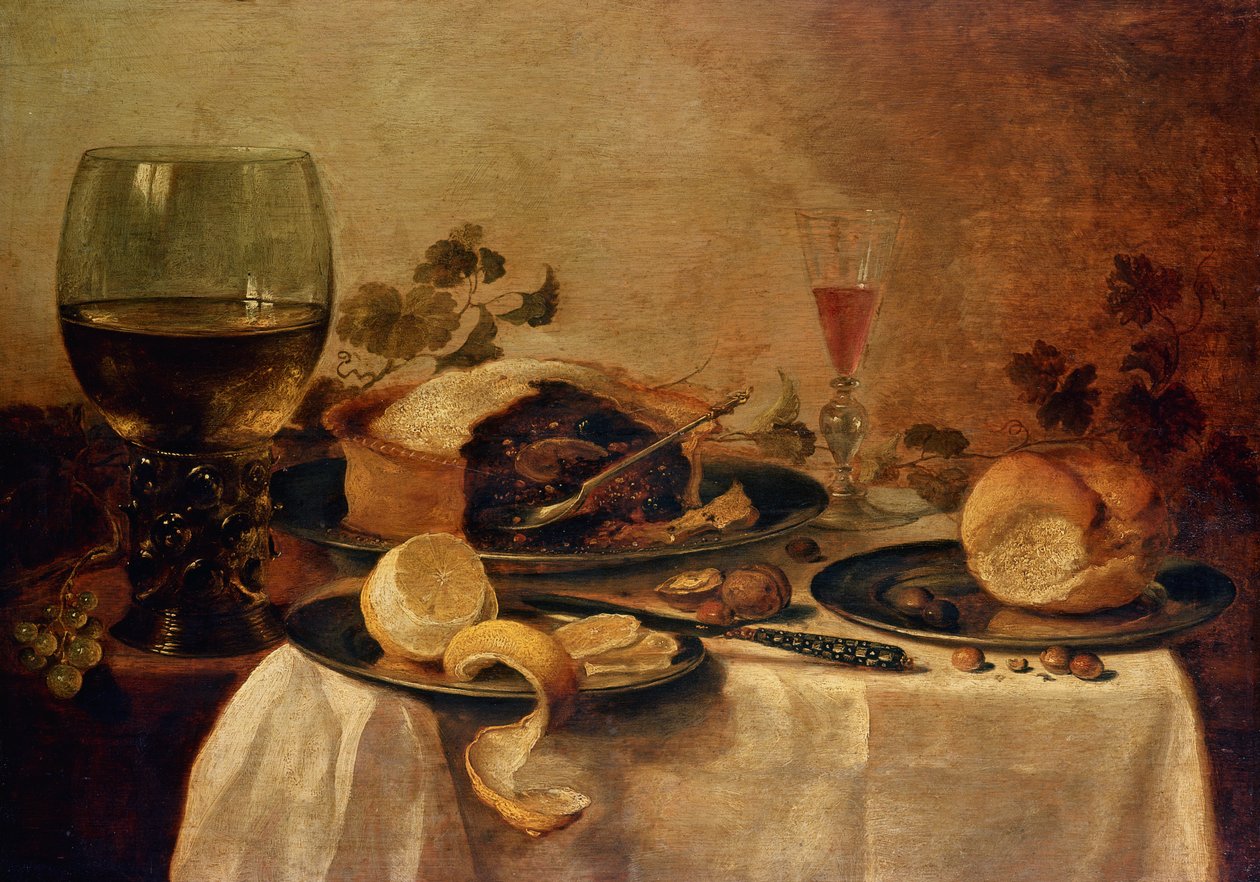 Martwa natura z ciastem owocowym, 1635 autorstwa Willem Claesz. Heda