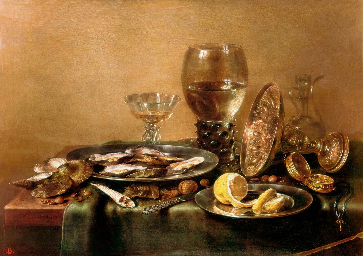 Martwa natura skomponowana z ostryg, cytryny, szkła i złotej zastawy stołowej autorstwa Willem Claesz. Heda