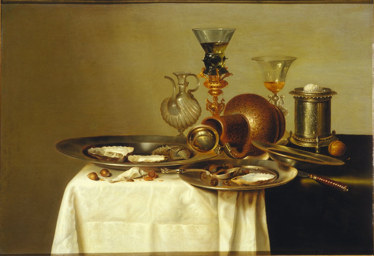 Martwa natura z roemerem na pozłacanym stojaku, kamionka i ostrygi, 1637. autorstwa Willem Claesz. Heda