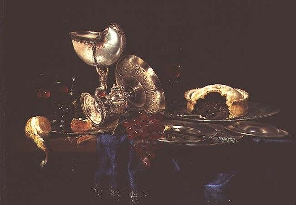 Martwa natura z ciastem z mielonego mięsa i filiżanką z nautilusa autorstwa Willem Claesz. Heda