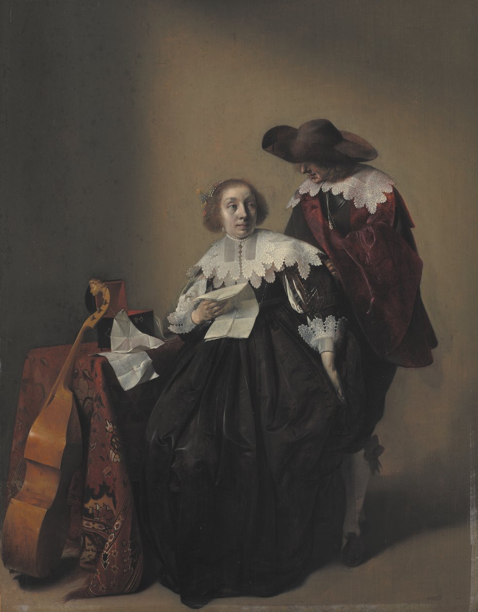 Siedząca kobieta z listem, stojący przy niej dżentelmen autorstwa Willem Cornelisz Duyster