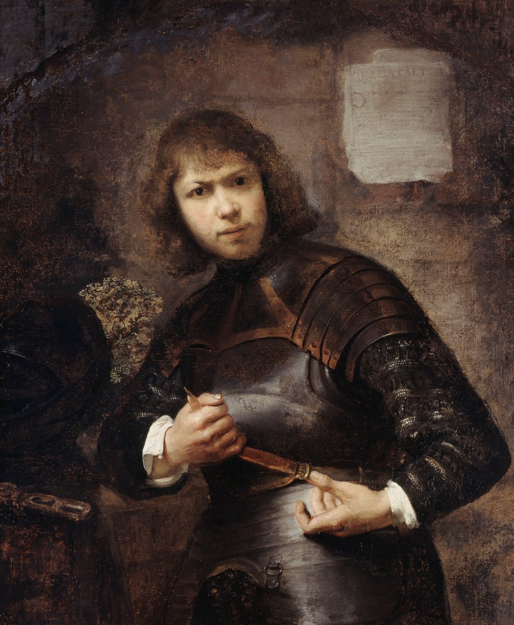 Żołnierz, stojący w trzech czwartych długości, zapinający pas, autorstwa Willem Drost