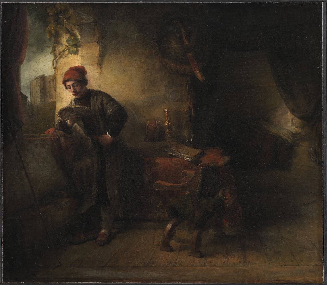 Stojący młody mężczyzna przy oknie w swoim studium, znany jako „Uczeń” autorstwa Willem Drost