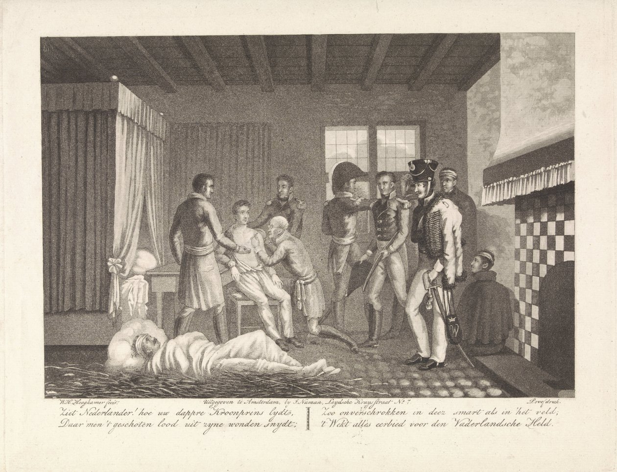 Książę Orański po ranie podczas leczenia w szpitalu polowym, 1815 autorstwa Willem Hendrik Hoogkamer