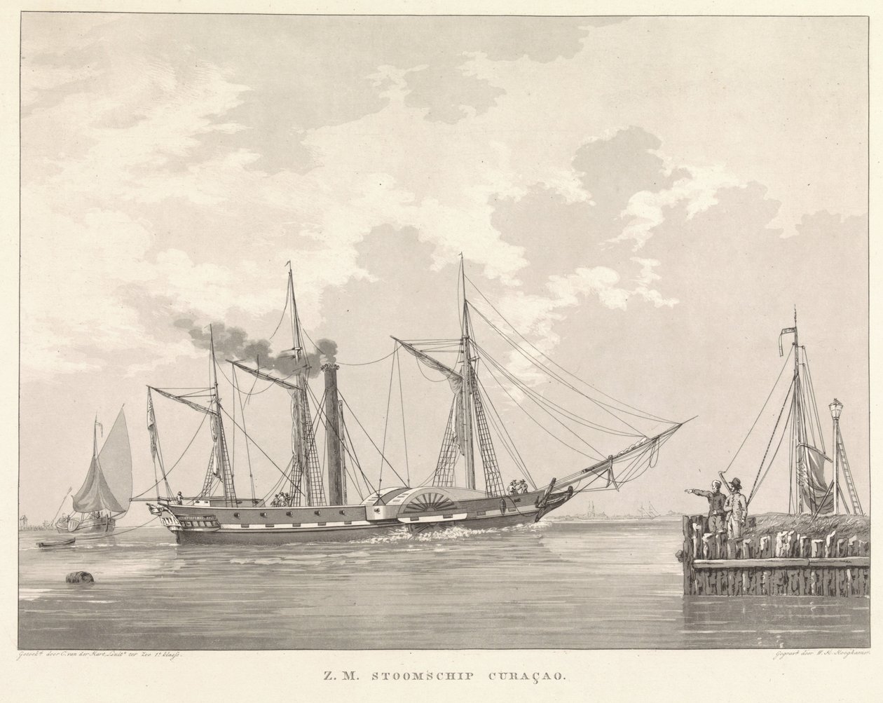 Parowiec wiosłowy na nabrzeżu Z.M. Steamship Curaçao (tytuł na obiekcie) autorstwa Willem Hendrik Hoogkamer
