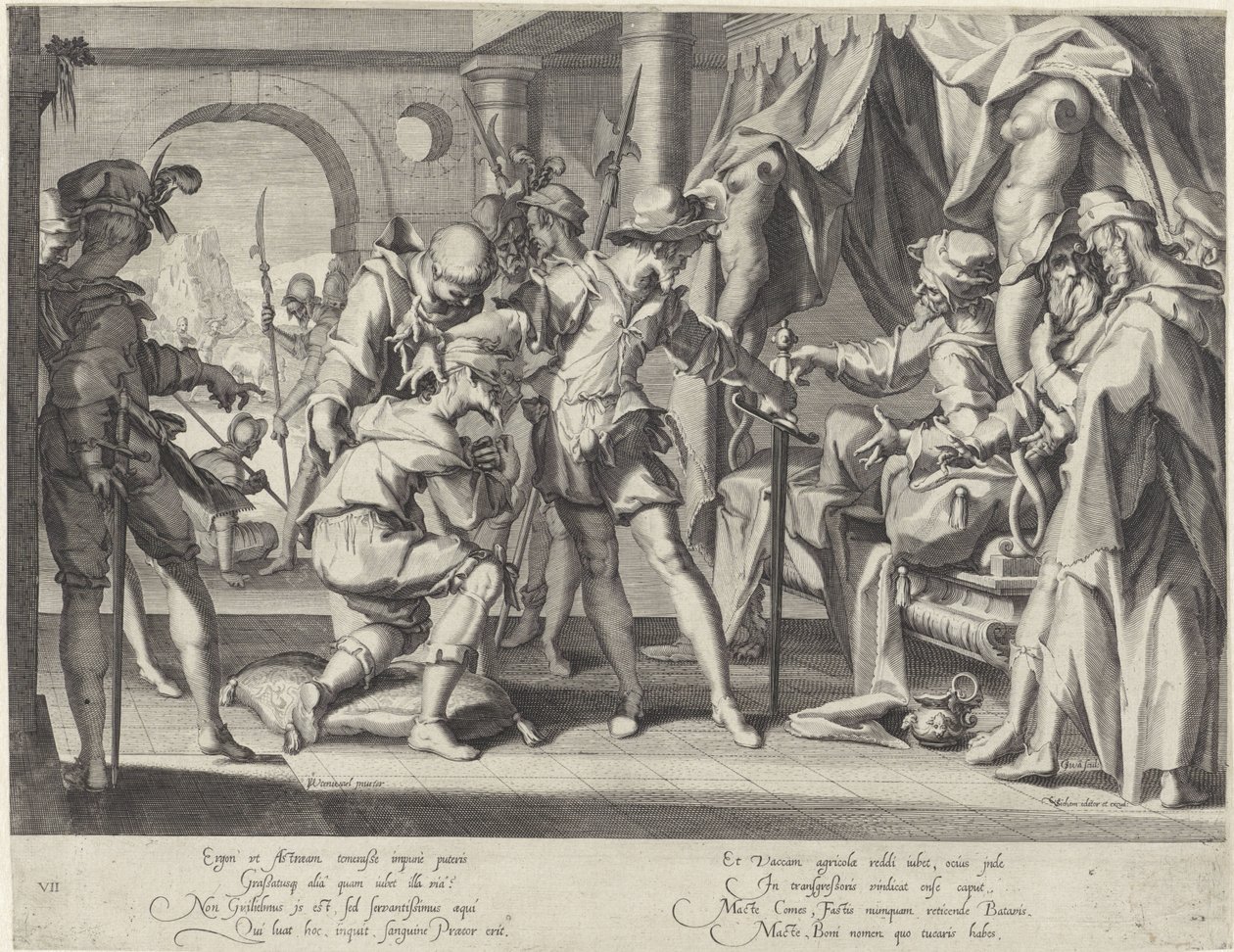 Hrabia Wilhelm III z Holandii nakazuje ścięcie swojego komornika Thronus Justitiae (tytuł serii) autorstwa Willem Isaacsz. van Swanenburg