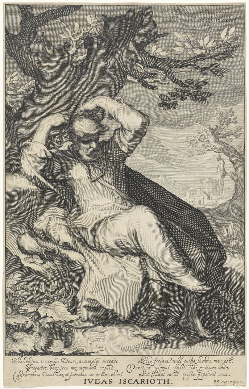 Judasz Iskariota się wiesza Judasz Iskariota (tytuł na obiekcie) Grzesznicy ze Starego i Nowego Testamentu (tytuł serii) autorstwa Willem Isaacsz. van Swanenburg