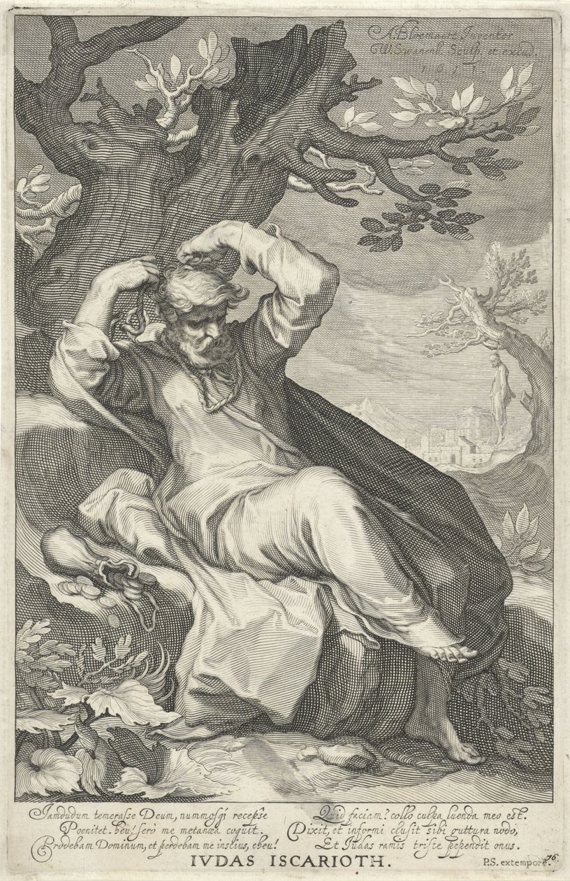 Judasz Iskariota się wiesza Judasz Iskariota (tytuł na obiekcie) Grzesznicy ze Starego i Nowego Testamentu (tytuł serii) autorstwa Willem Isaacsz. van Swanenburg