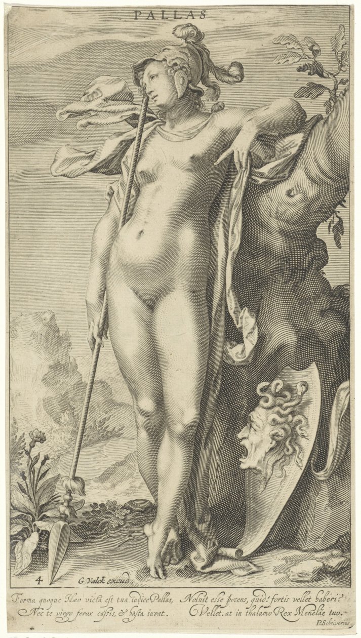 Minerwa przy drzewie Pallas (tytuł na obiekcie) Wyrok Paryża (tytuł serii) autorstwa Willem Isaacsz. van Swanenburg