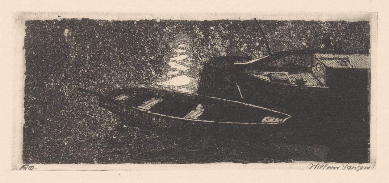 Rufa i łódź wiosłowa autorstwa Willem Jansen (graveur) (signed by artist)