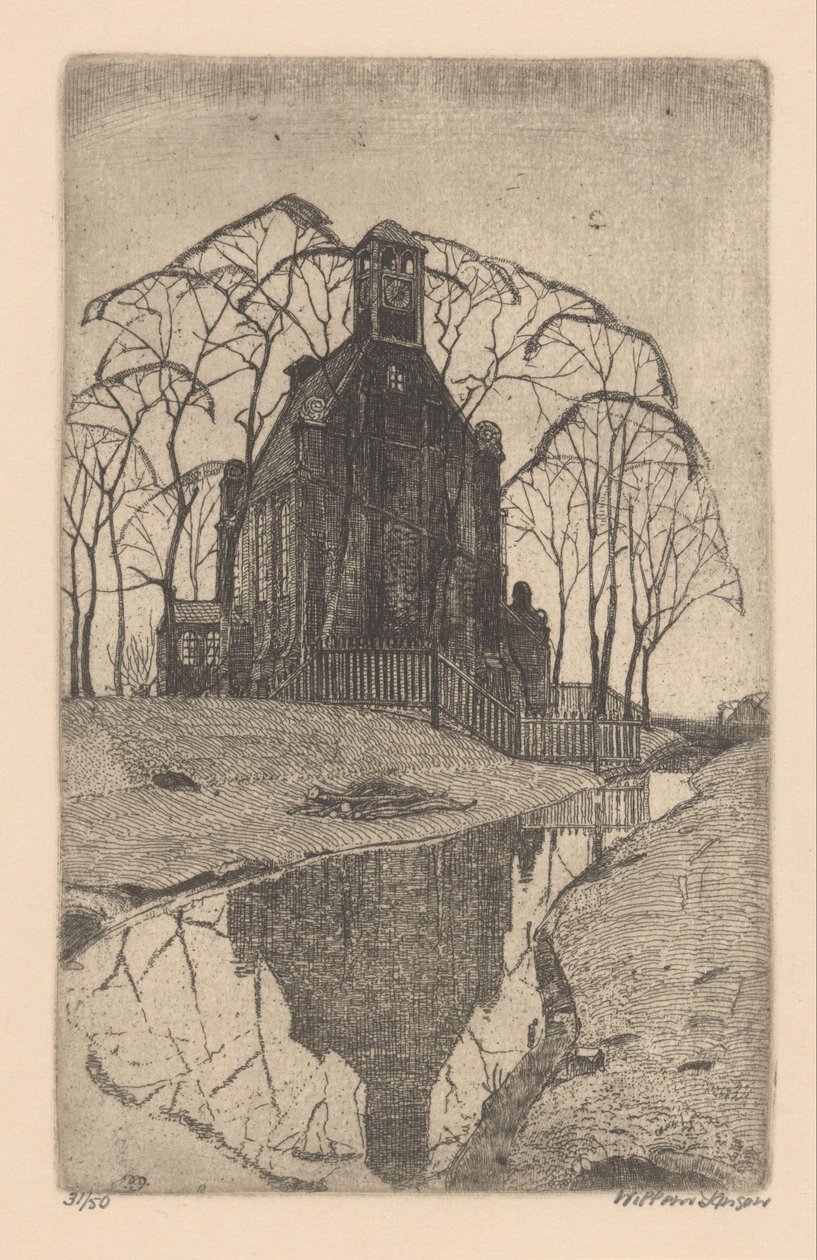 wiejski kościół autorstwa Willem Jansen (graveur) (signed by artist)