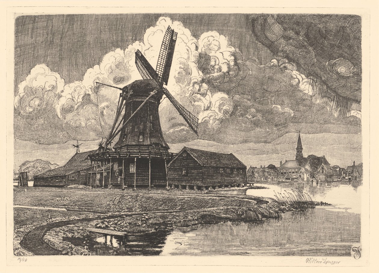Wiatrak de Bonte Hen autorstwa Willem Jansen (graveur) (signed by artist)