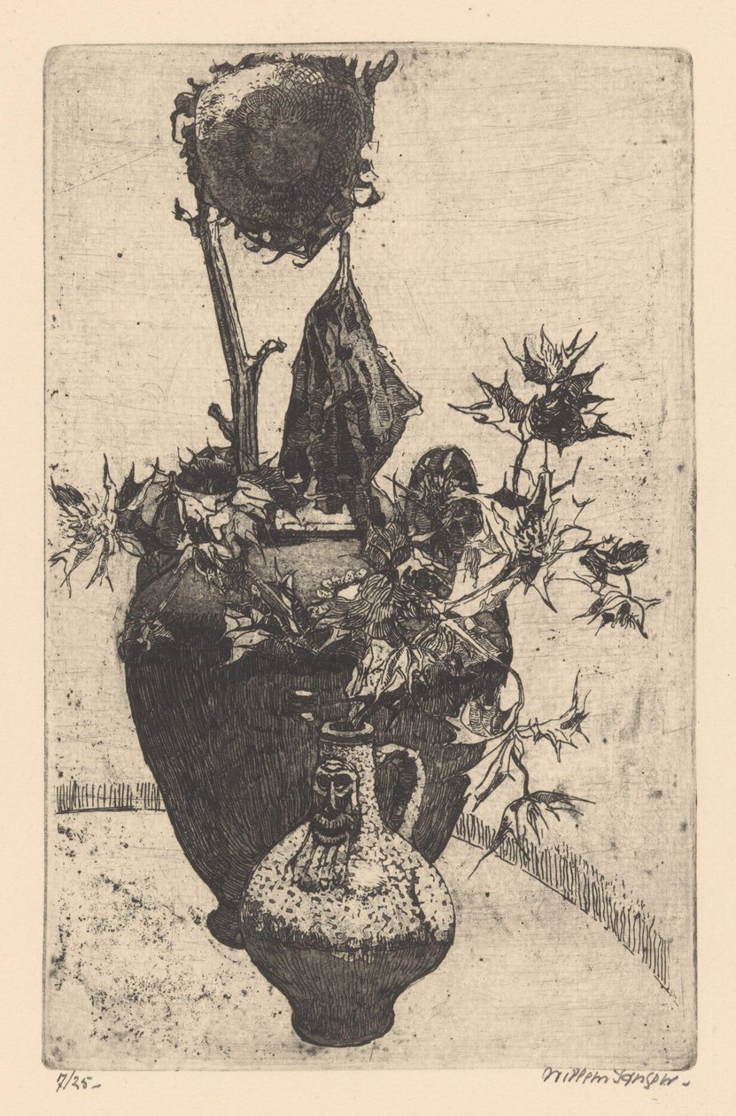 Martwa natura z uschniętym słonecznikiem autorstwa Willem Jansen (graveur) (signed by artist)
