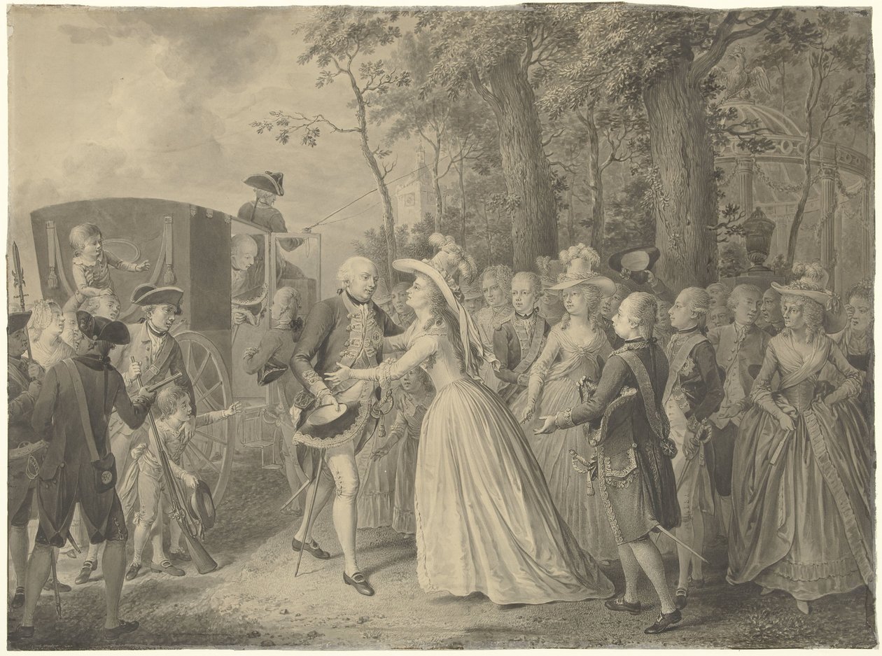 Spotkanie księżnej Wilhelminy z jej bratem królem Prus Fryderykiem III w Kleve, 1788 autorstwa Willem Joseph Laquy