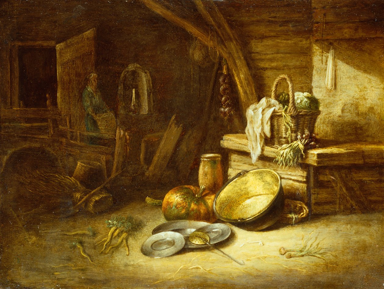 Kuchnia z warzywami w wiklinowym koszu, cynowymi talerzami i dynią (olej na miedzi) autorstwa Willem Kalf