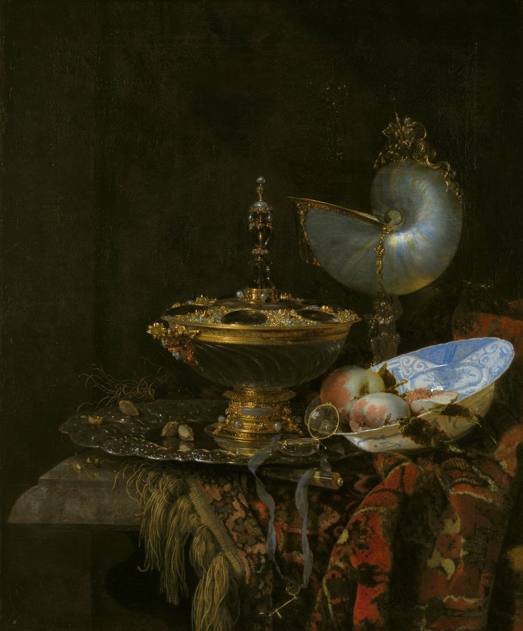 Pronk Martwa natura z miską Holbeina, kubkiem Nautilus, szklanym kielichem i daniem na owoce autorstwa Willem Kalf